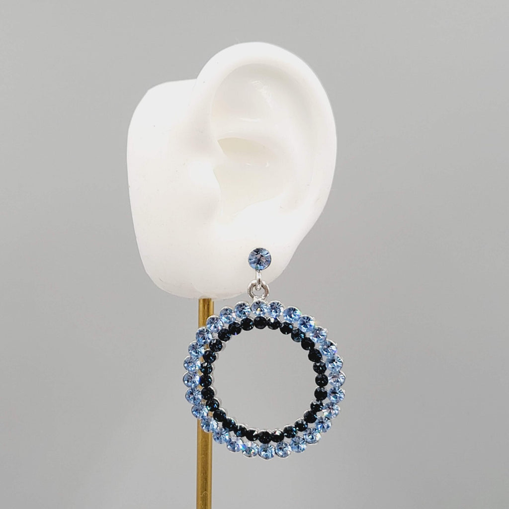 Blue Rhinestone Pierced Earrings Silver tone Open Circle Dangle 1 5/8"