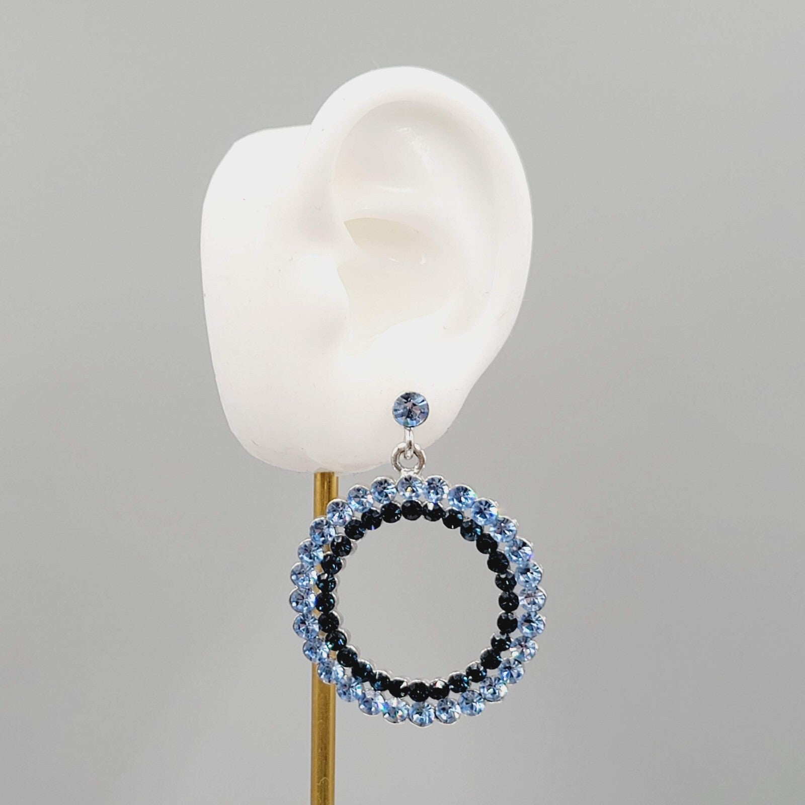 Blue Rhinestone Pierced Earrings Silver tone Open Circle Dangle 1 5/8"