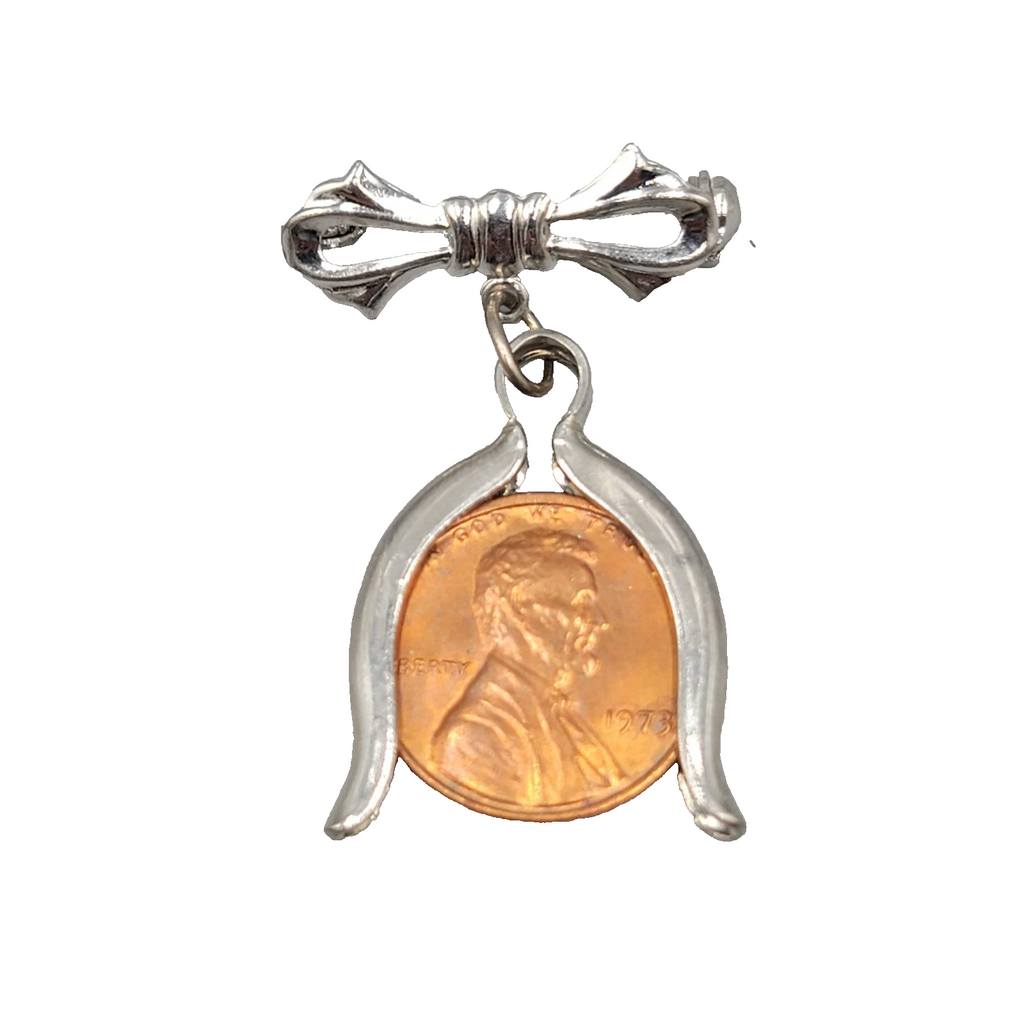 Vintage Lucky Penny Brooch Silver tone Bow Dangle 1 5/8 in