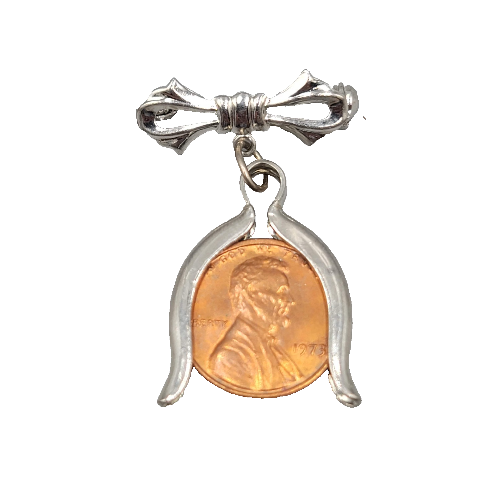 Vintage Lucky Penny Brooch Silver tone Bow Dangle 1 5/8 in