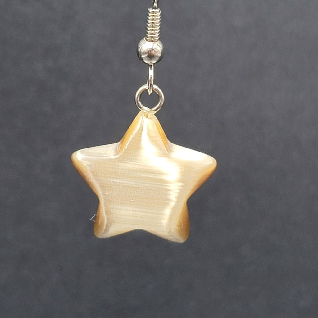 Pierced Earrings Silver tone Tan Brown Satin Cats Eye Glass Star Bead Dangle 3/4