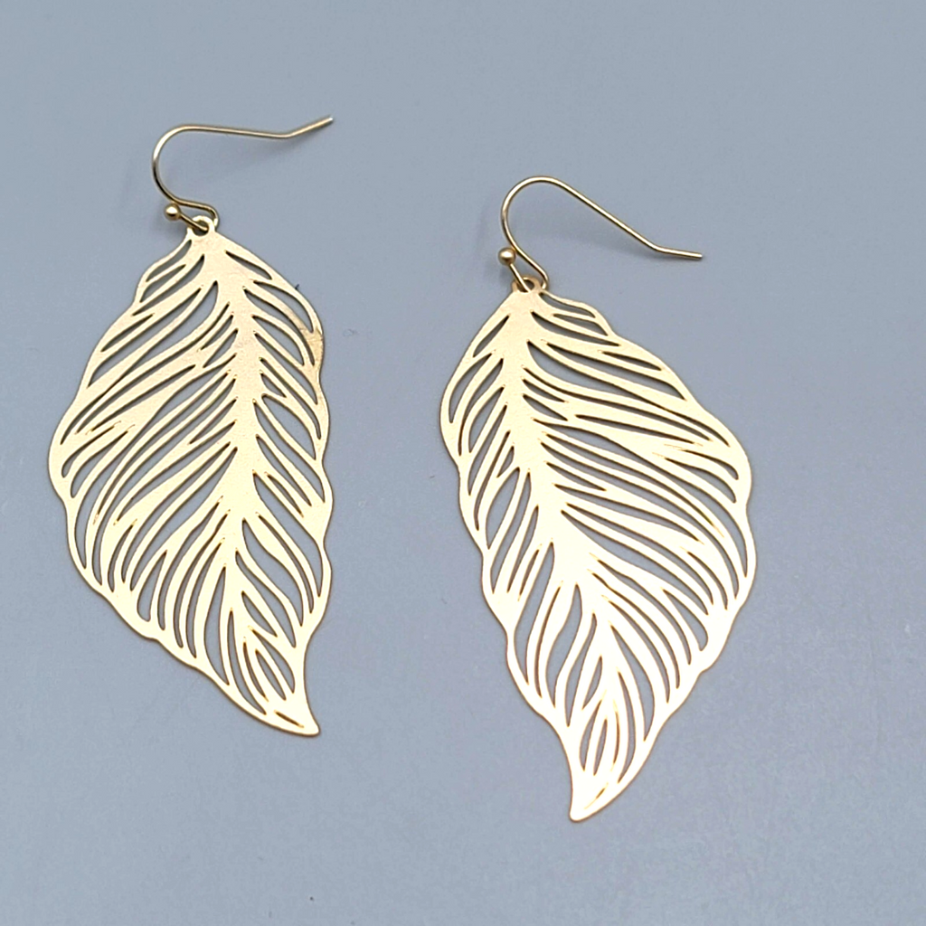 Skeleton Leaf Pierced Earrings Matte Gold tone Large Dangle Statement 2 3/8"