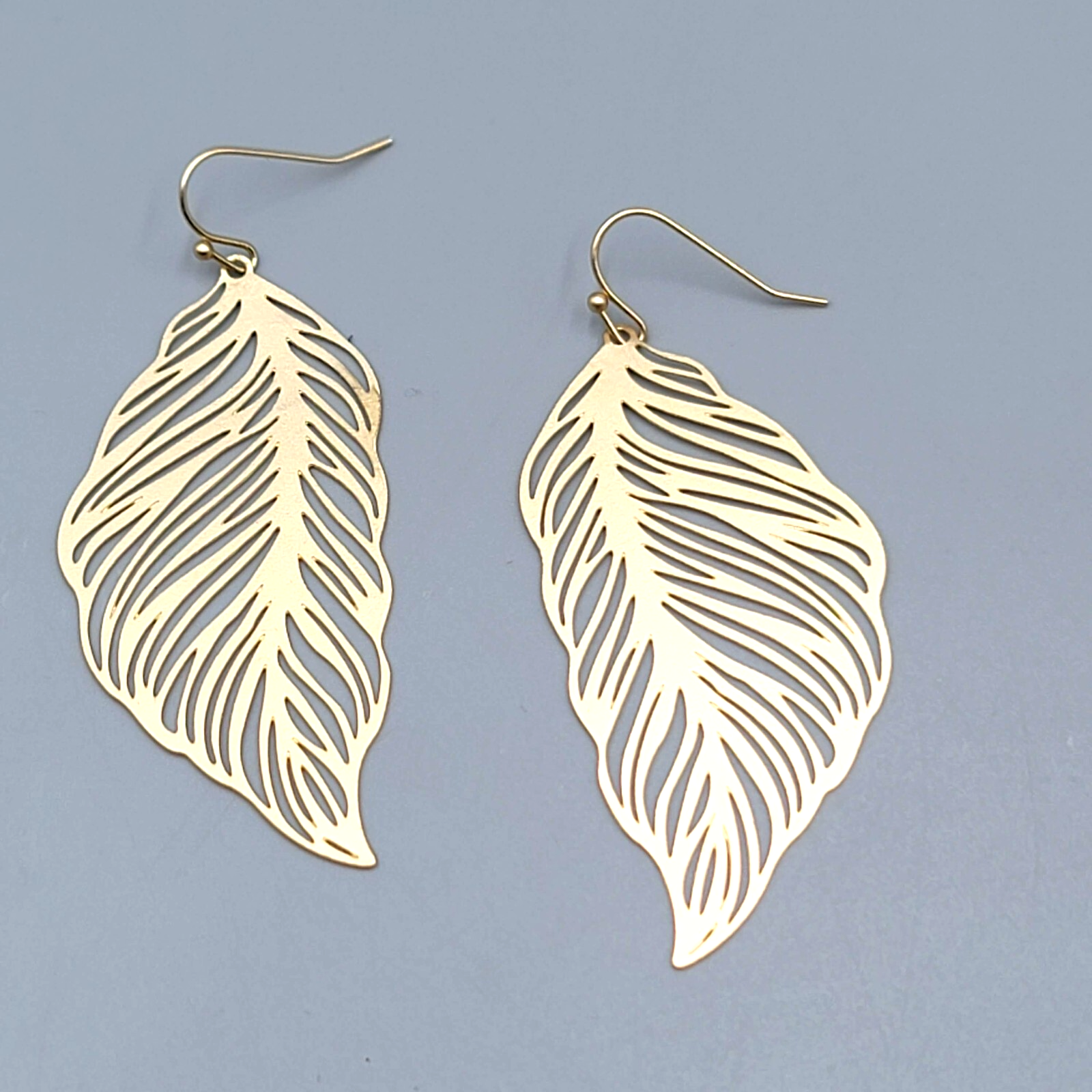 Skeleton Leaf Pierced Earrings Matte Gold tone Large Dangle Statement 2 3/8"