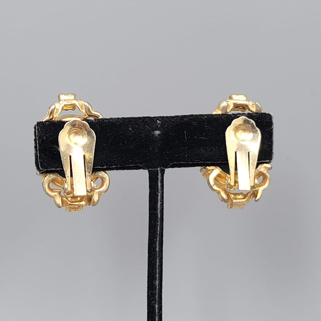 Vintage Blue Art Glass Clip on Earrings Gold tone Black Rhinestone 1.25 in