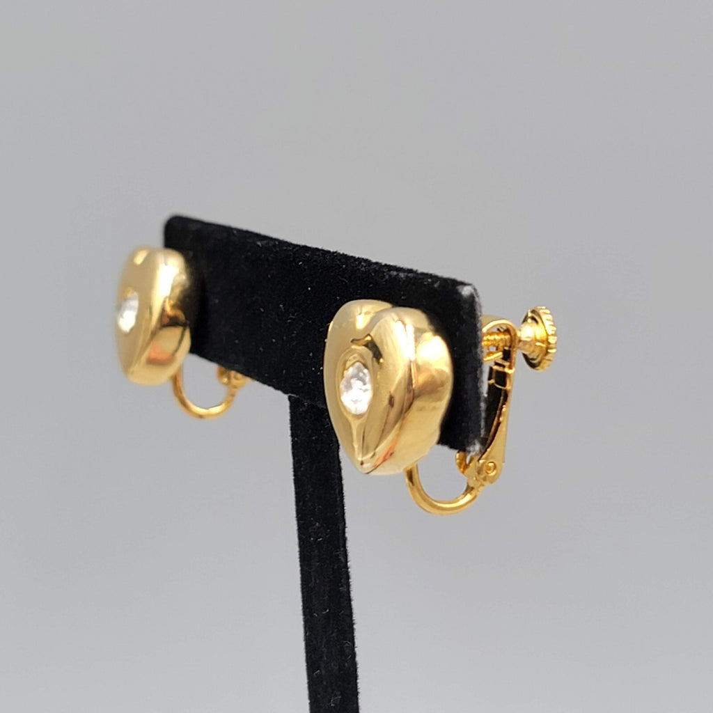 Vintage Goldette Heart Stud Clip on Earrings Gold Plated Rhinestone Center 1/2"