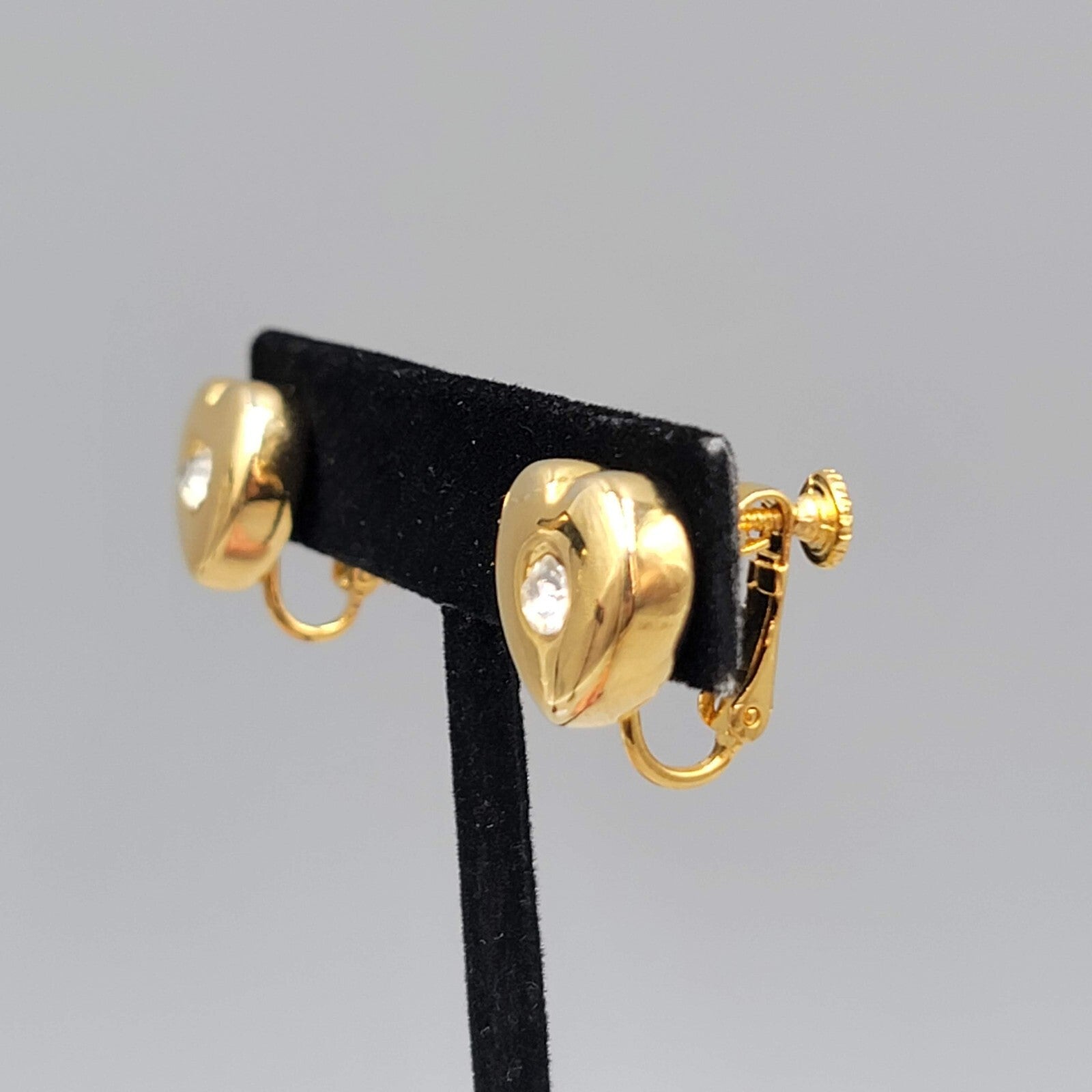 Vintage Goldette Heart Stud Clip on Earrings Gold Plated Rhinestone Center 1/2"