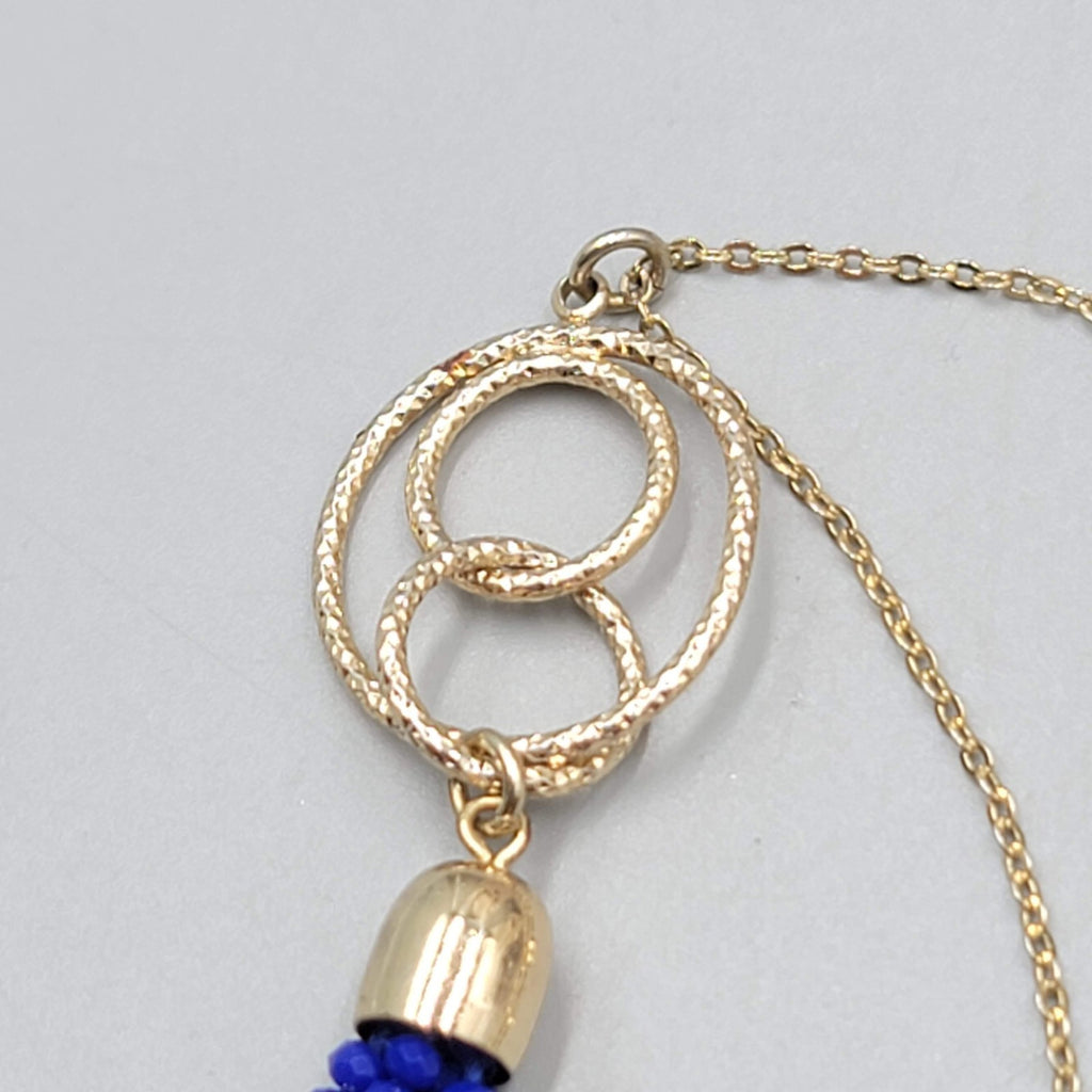Blue Crystal Bead Tassel Pendant Necklace Gold tone LONG Chain 28"
