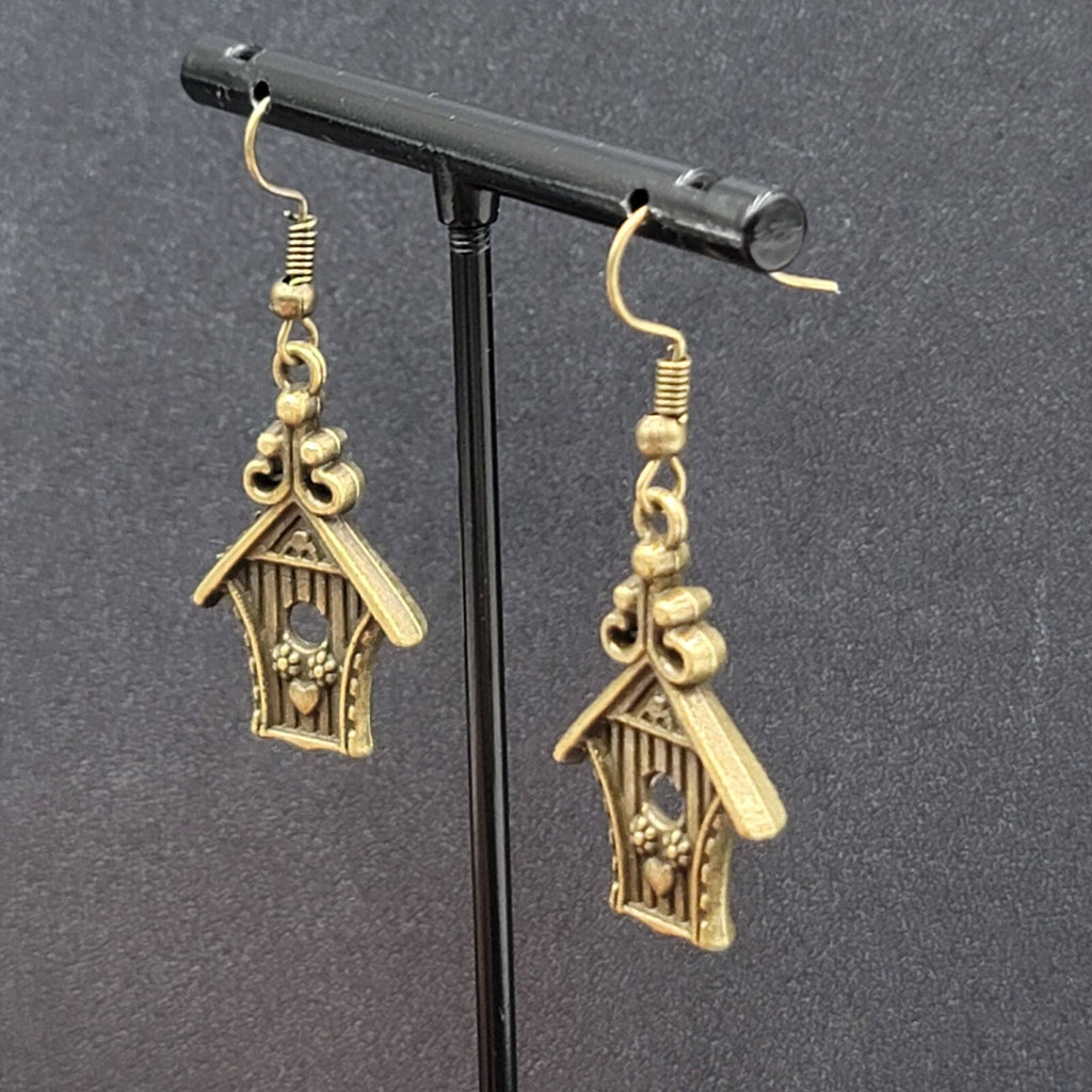 Birdhouse Pierced Earrings Bronze tone Dangle 3D Embossed 1 1/8"