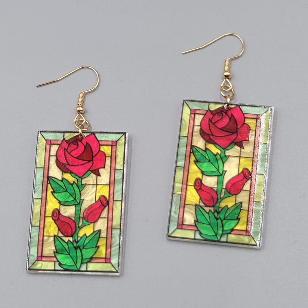 Stained Glass Look Pierced Earrings Rose Rectangle Acrylic Gold toneDangle 1.75"