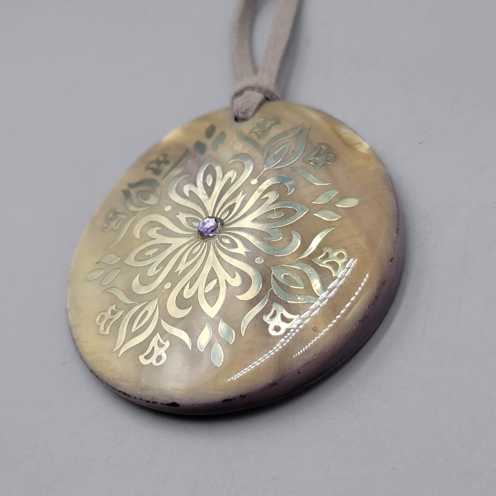 Round Shell Pendant Necklace Gray Leather Cord 16"