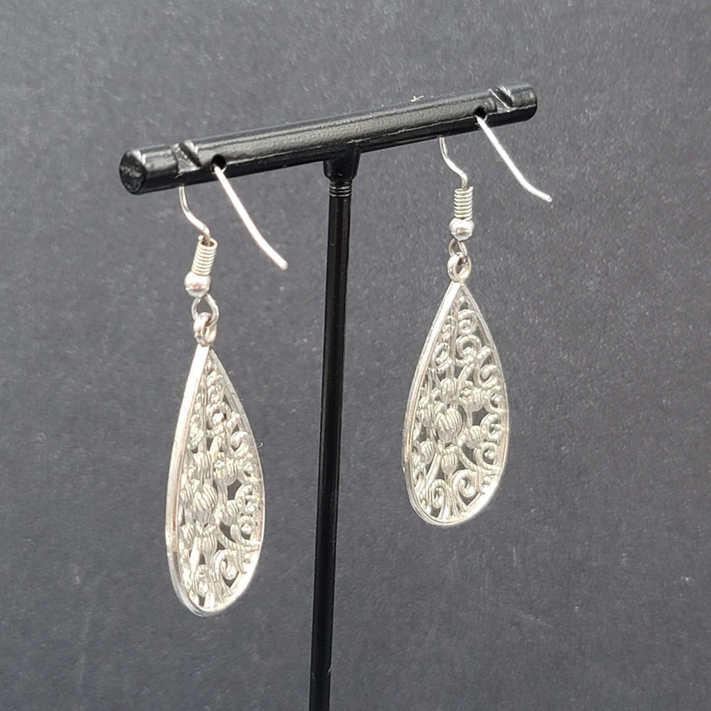 Pierced Earrings Silver tone Rhinestone Open Work Teardrop Dangle 1.25"