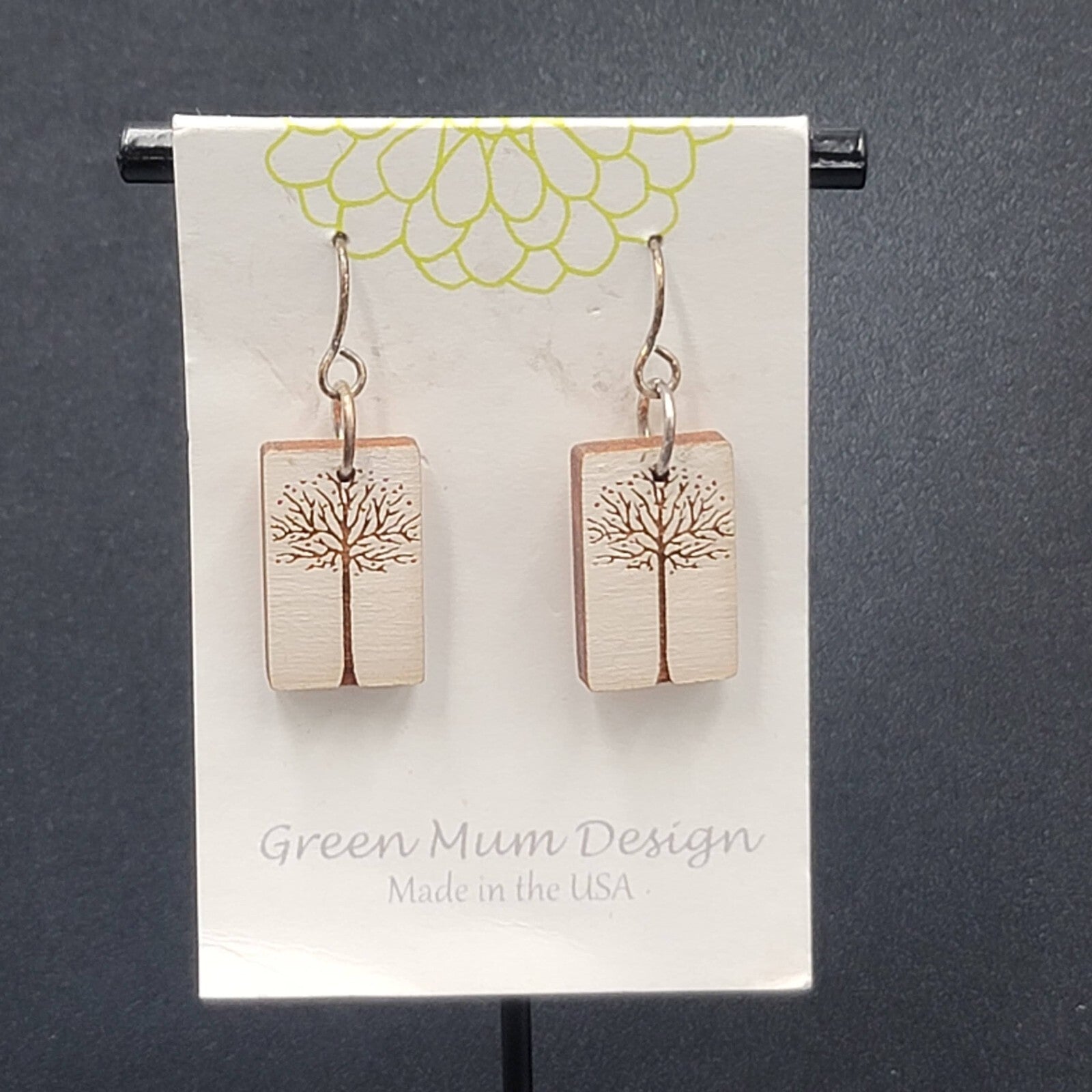Green Mum Design Pierced Earrings Laser Cut Tree Wood Dangle 1"