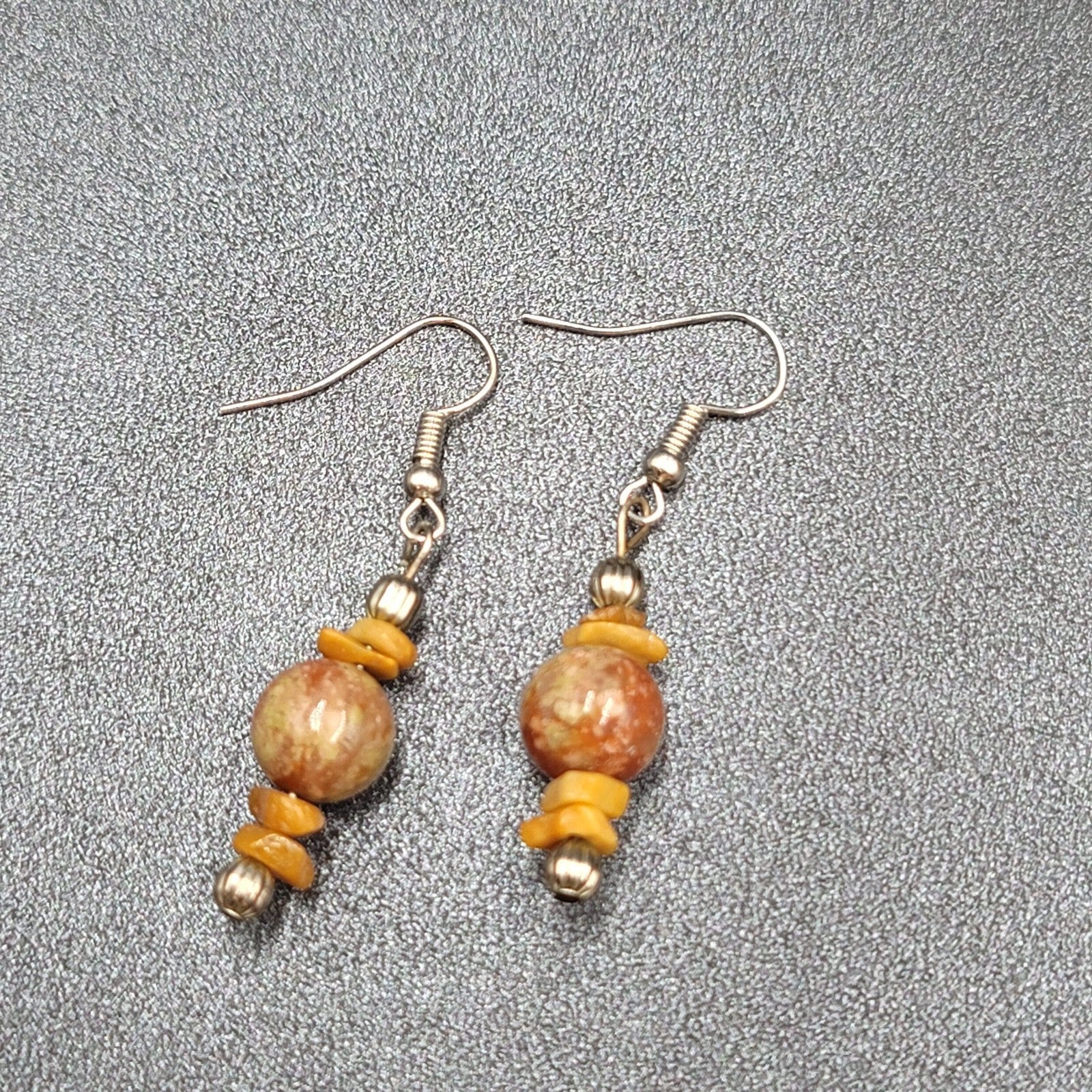 Pierced Earrings Silver tone Jasper Stone Beaded Dangle 1.25"