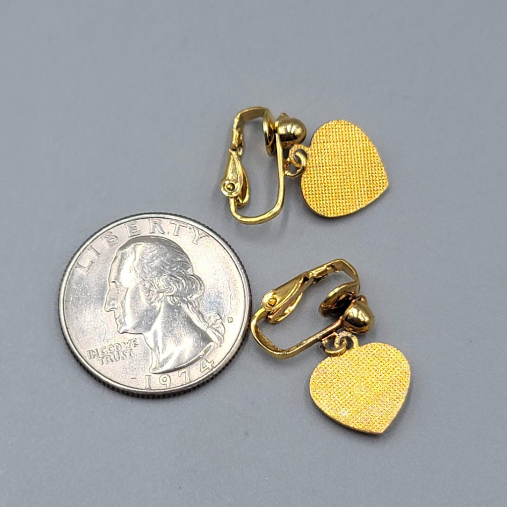 Vintage Red Heart Dangle Clip on Earrings Gold tone Flower 1/2"