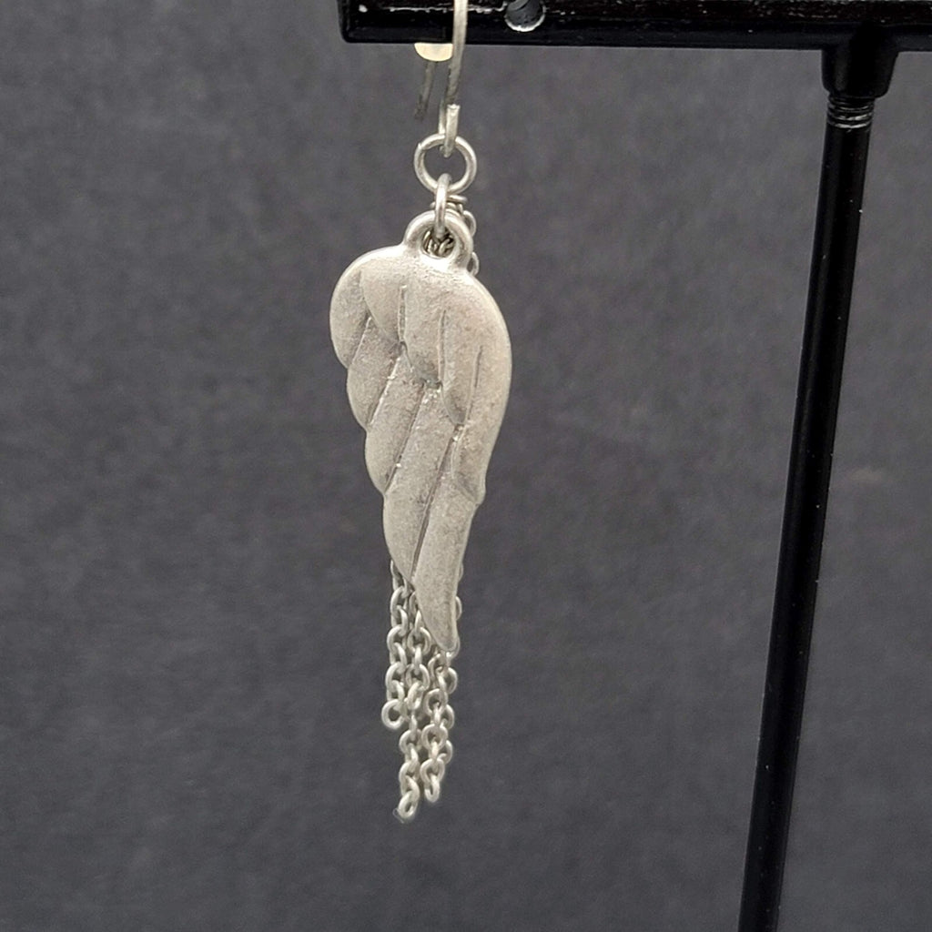Pierced Earrings Matte Silver tone Angel Wings Dangle Chains 1.75"