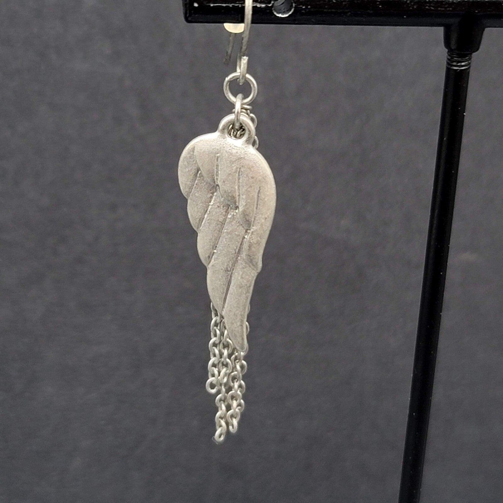 Pierced Earrings Matte Silver tone Angel Wings Dangle Chains 1.75"