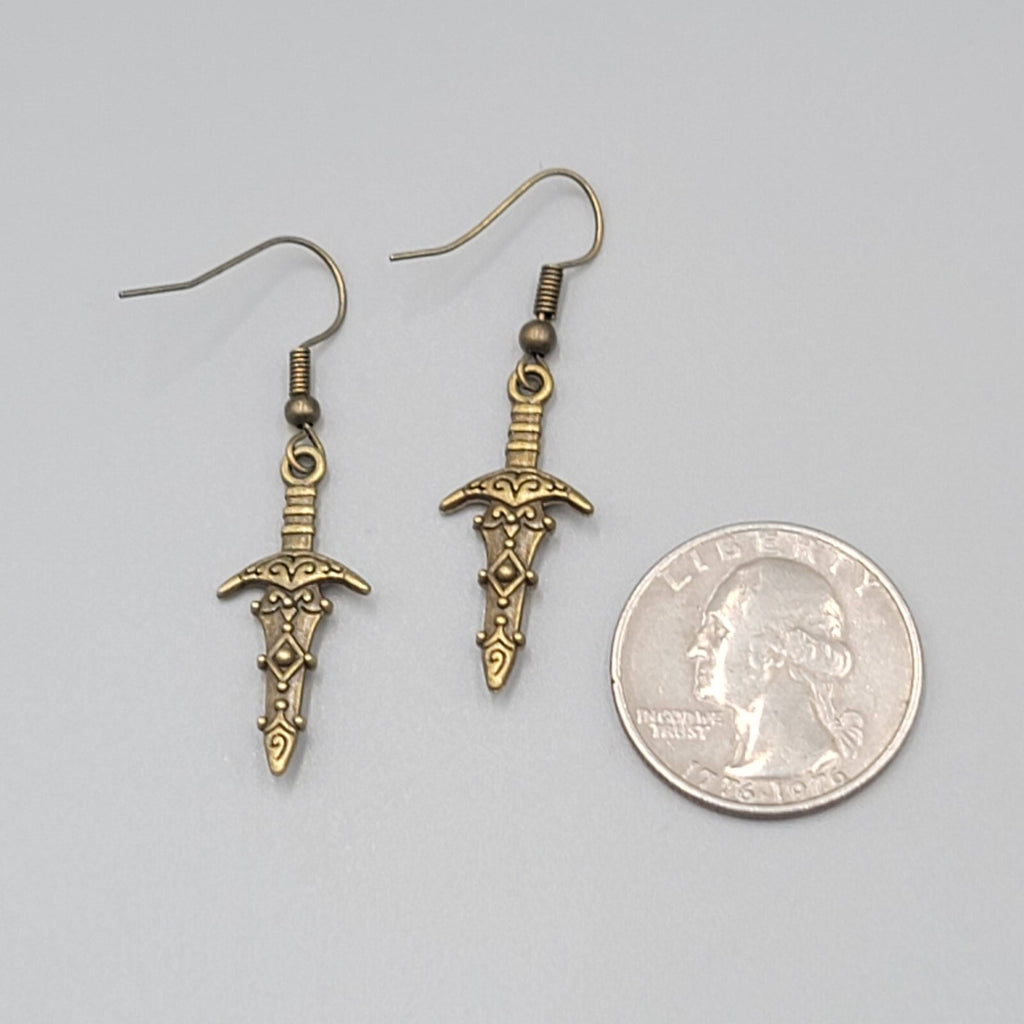 Fancy Embossed Dagger Pierced Earrings Bronze tone Dangle New 1"