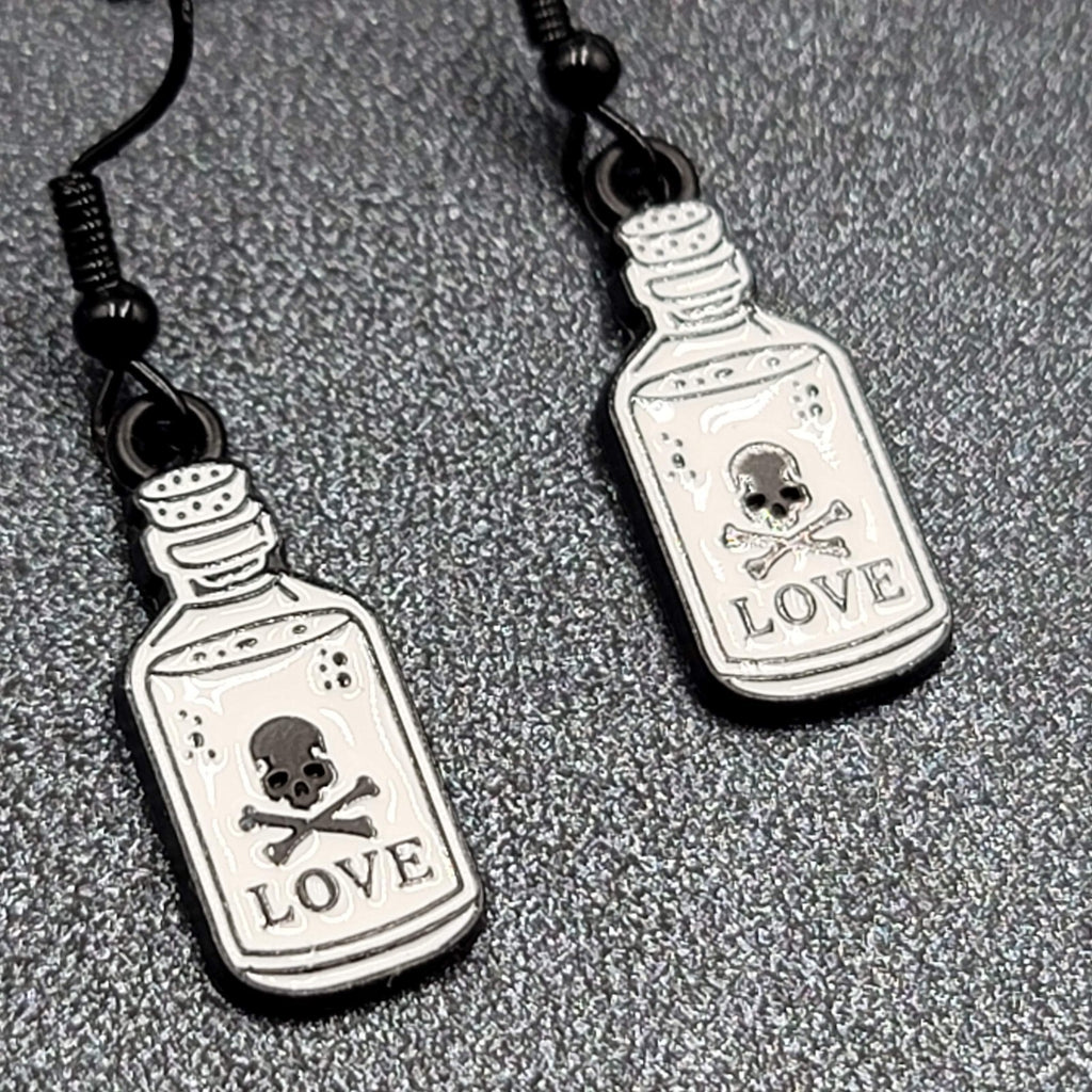 Love Poison Pierced Earrings Black White Enamel Dangle 7/8" 