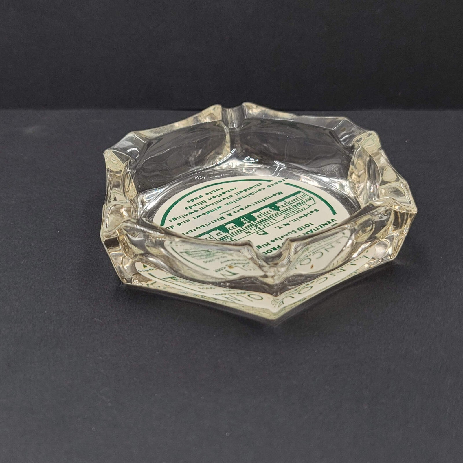 Vintage Advertising Glass Ashtray Lincoln Venetian Blinds Baldwin New York