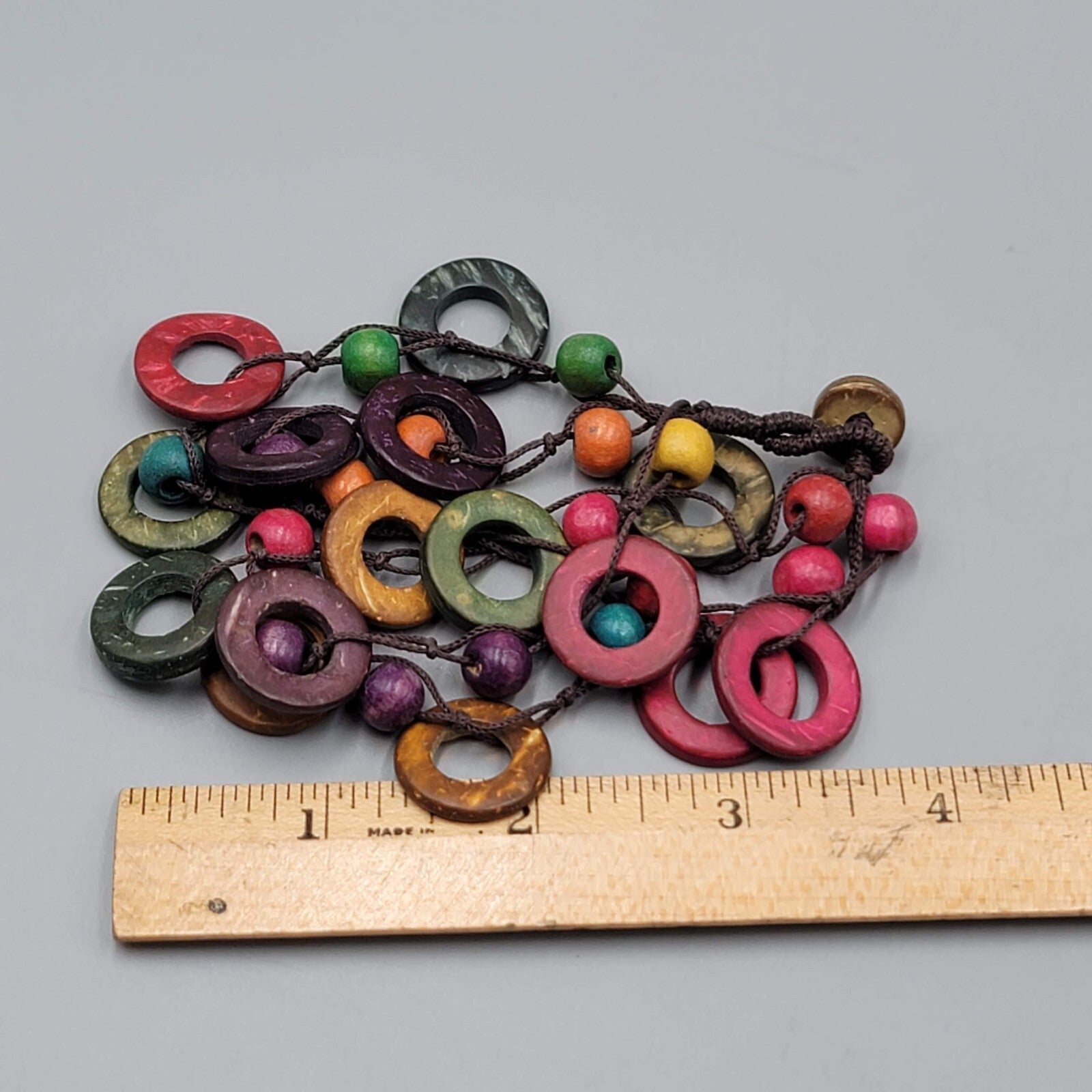 Multicolor Coconut Shell and Wood Bead Bracelet Button Closure 7.5"