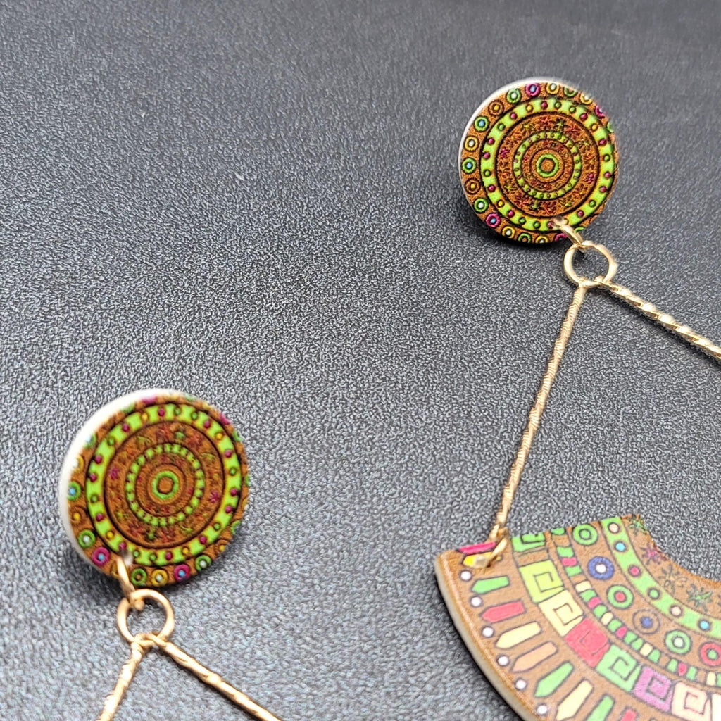 Large Statement Pierced Earrings Multicolor Boho Wood Dangle 3.5"