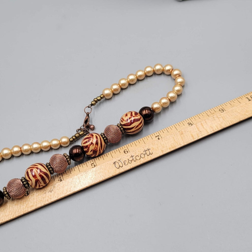 Bead Necklace Imitation Pearl Wood and Copper Mesh Beads  18"