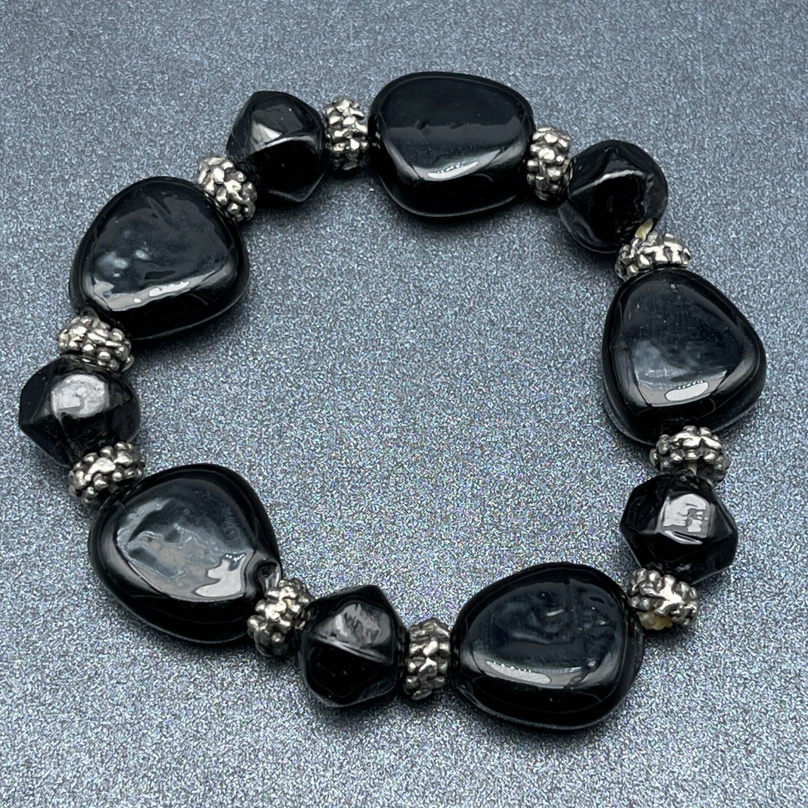 Black Glass and Silver tone Bead Beaded Stretch Elastic Bracelet