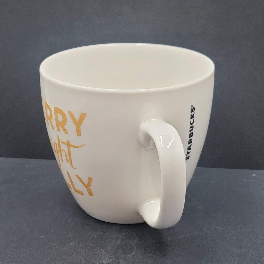 STARBUCKS Merry Bright Jolly Christmas White Gold 2016 Large Coffee Mug 20oz