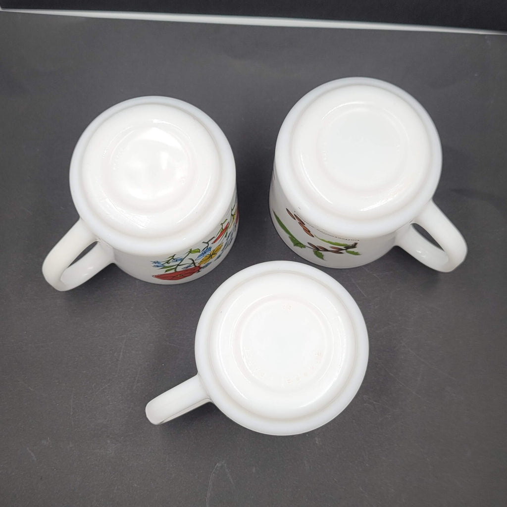 Vtg White Milk Glass Coffee Mugs Made in France Lot of 3 Butterfly Flowers Plant