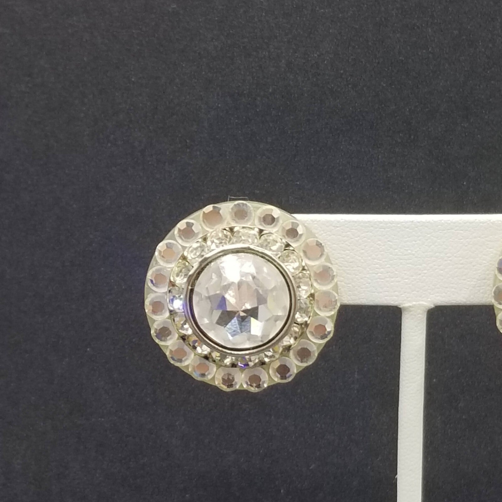 Vintage Clip on Earrings Silver tone Faceted Crystal Button Style Stud 1 1/8"