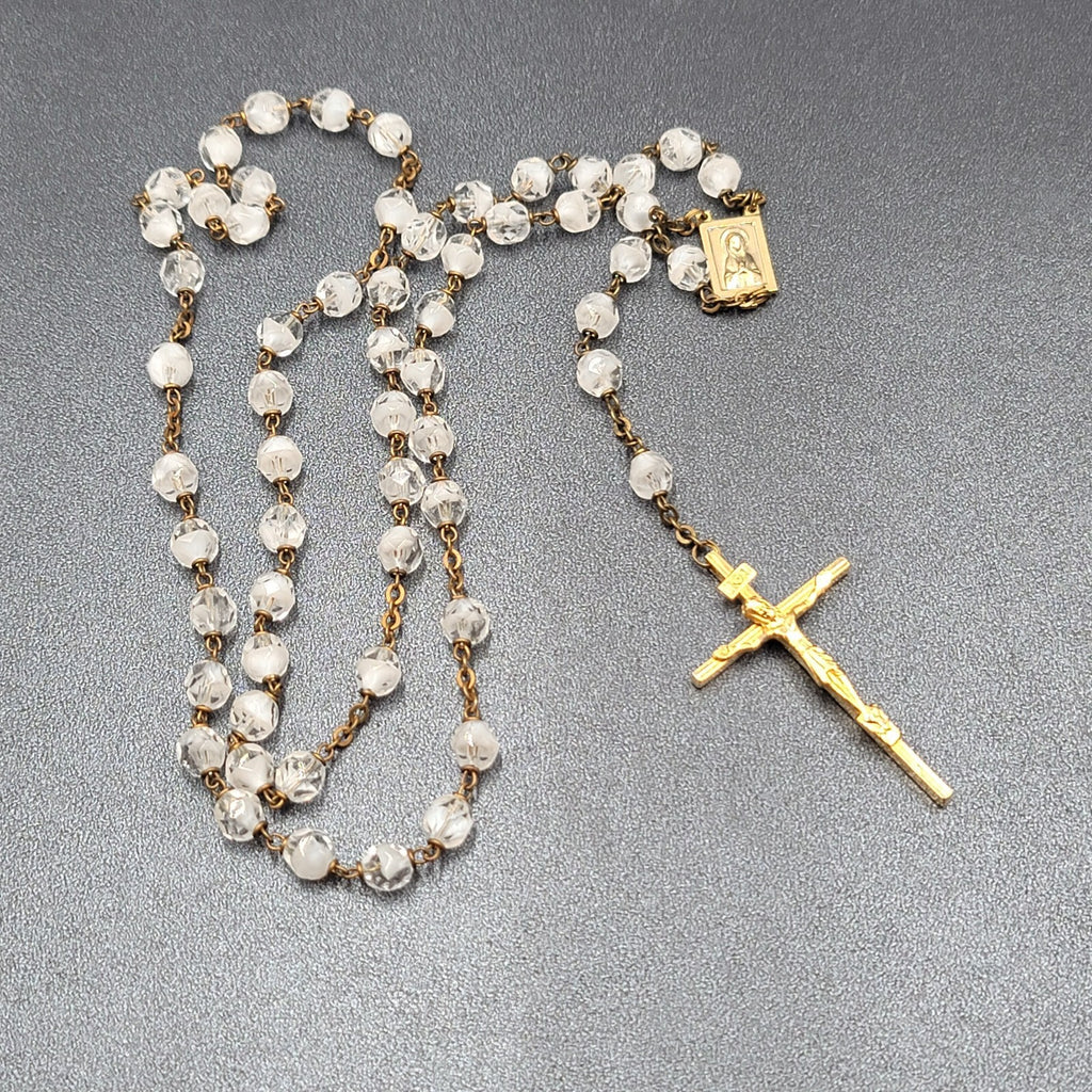 Vintage White Clear Glass Bead Catholic Rosary Crucifix Gold tone
