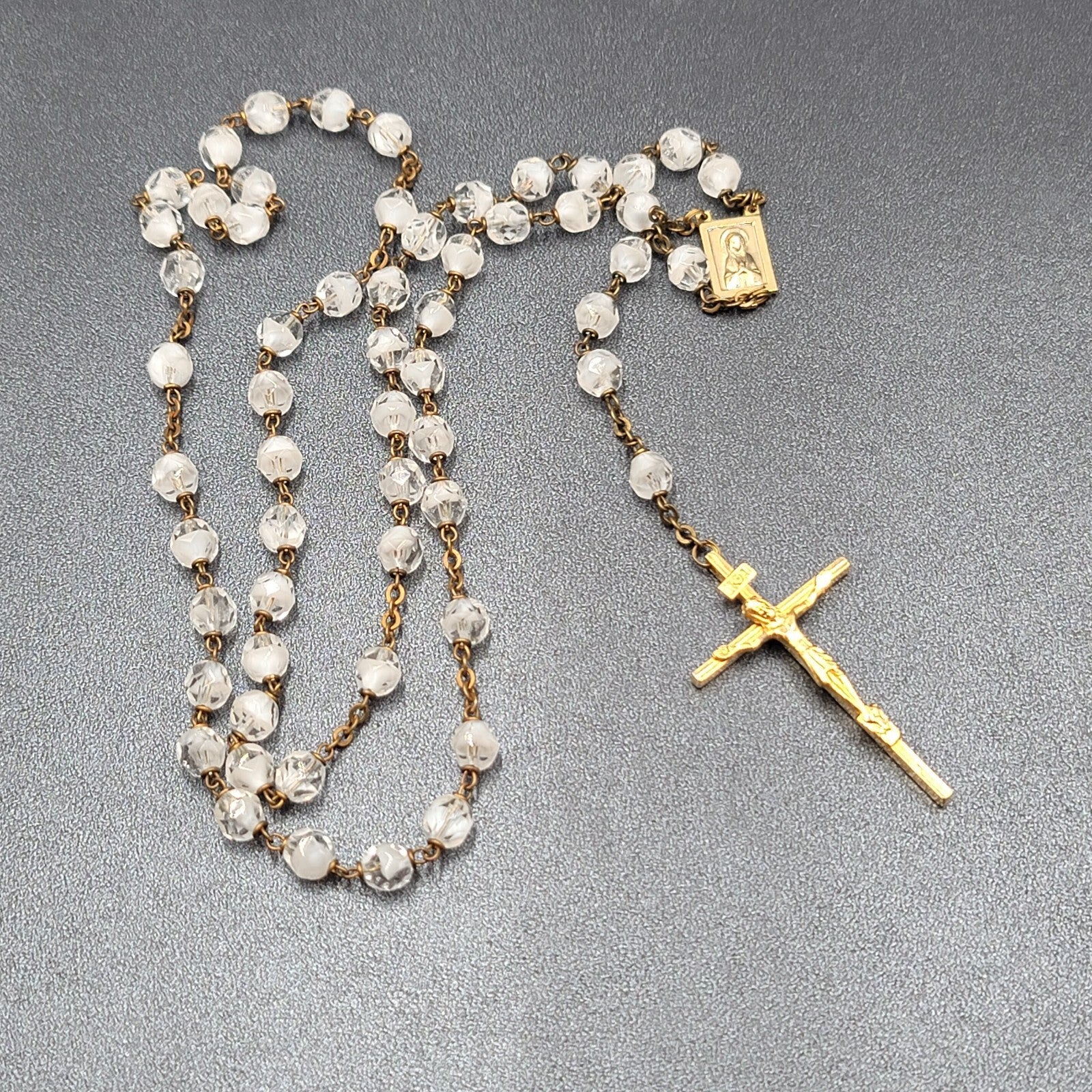 Vintage White Clear Glass Bead Catholic Rosary Crucifix Gold tone