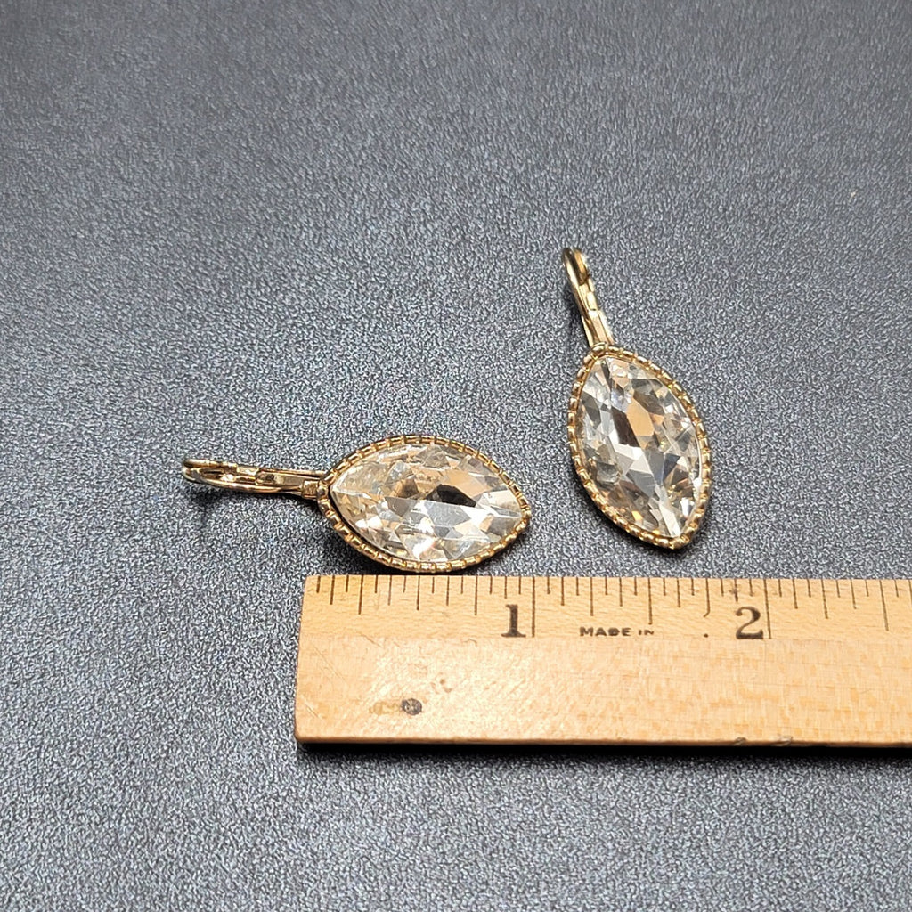 Pierced Earrings Gold tone Glass Faceted Marquis Dangle 1"