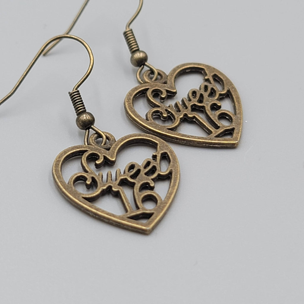 Sweet 16 Heart Pierced Earrings New Bronze tone Dangle 7/8"