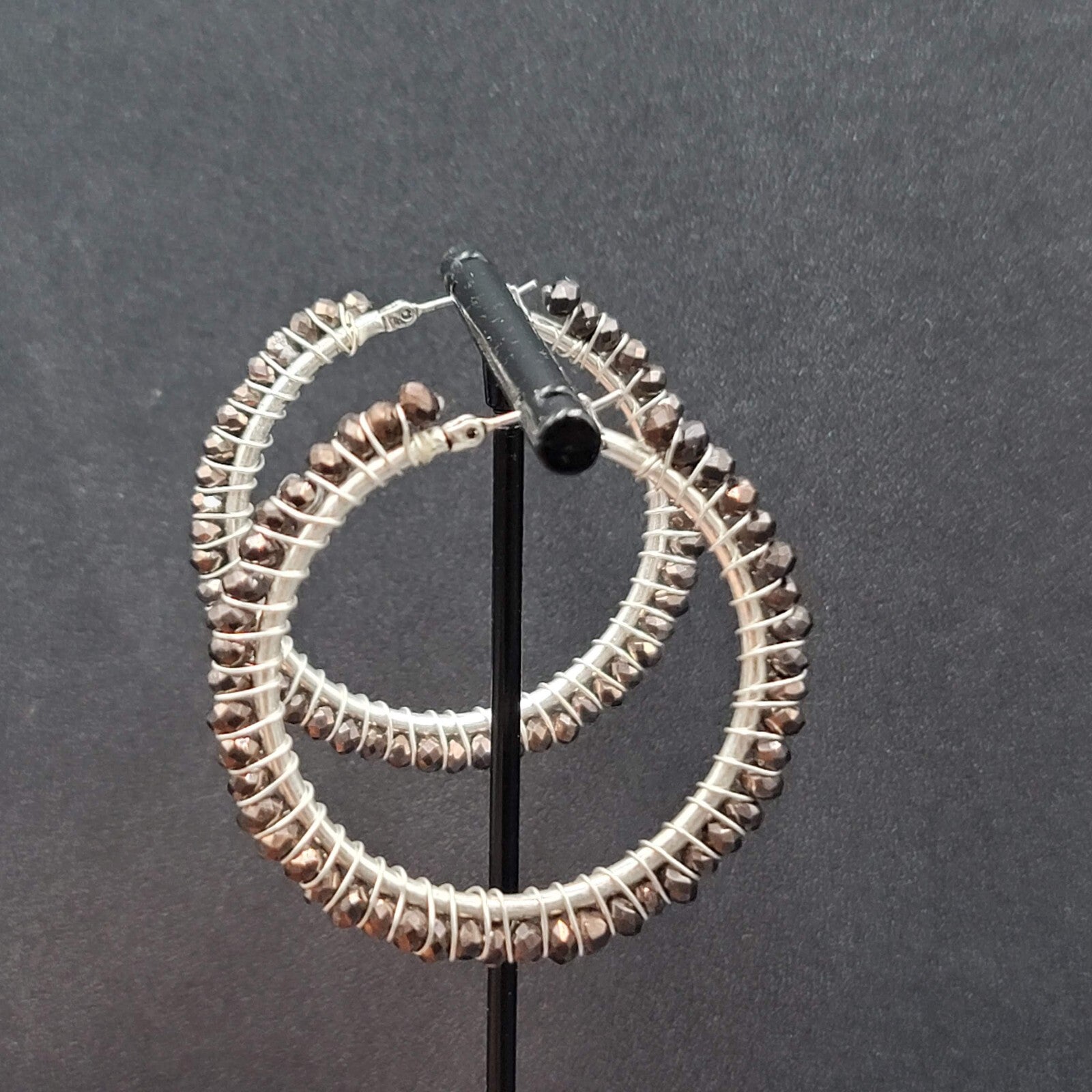 Pierced Earrings Silver tone Brown Glass Beaded Hoops 1.75"