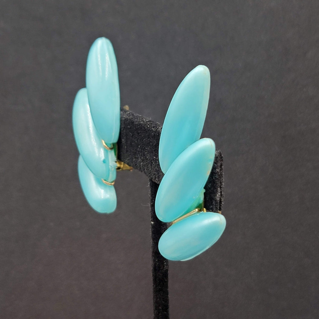 Vintage Clip on Earrings Lightweight Plastic Blue Climber W Germany 1 7/8"