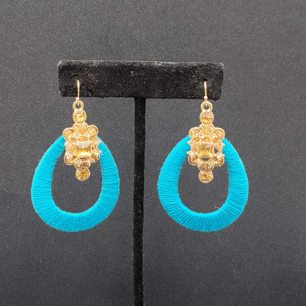 Pierced Earrings Gold tone Yellow Rhinestone Blue String Wrapped Hoops 2.25"