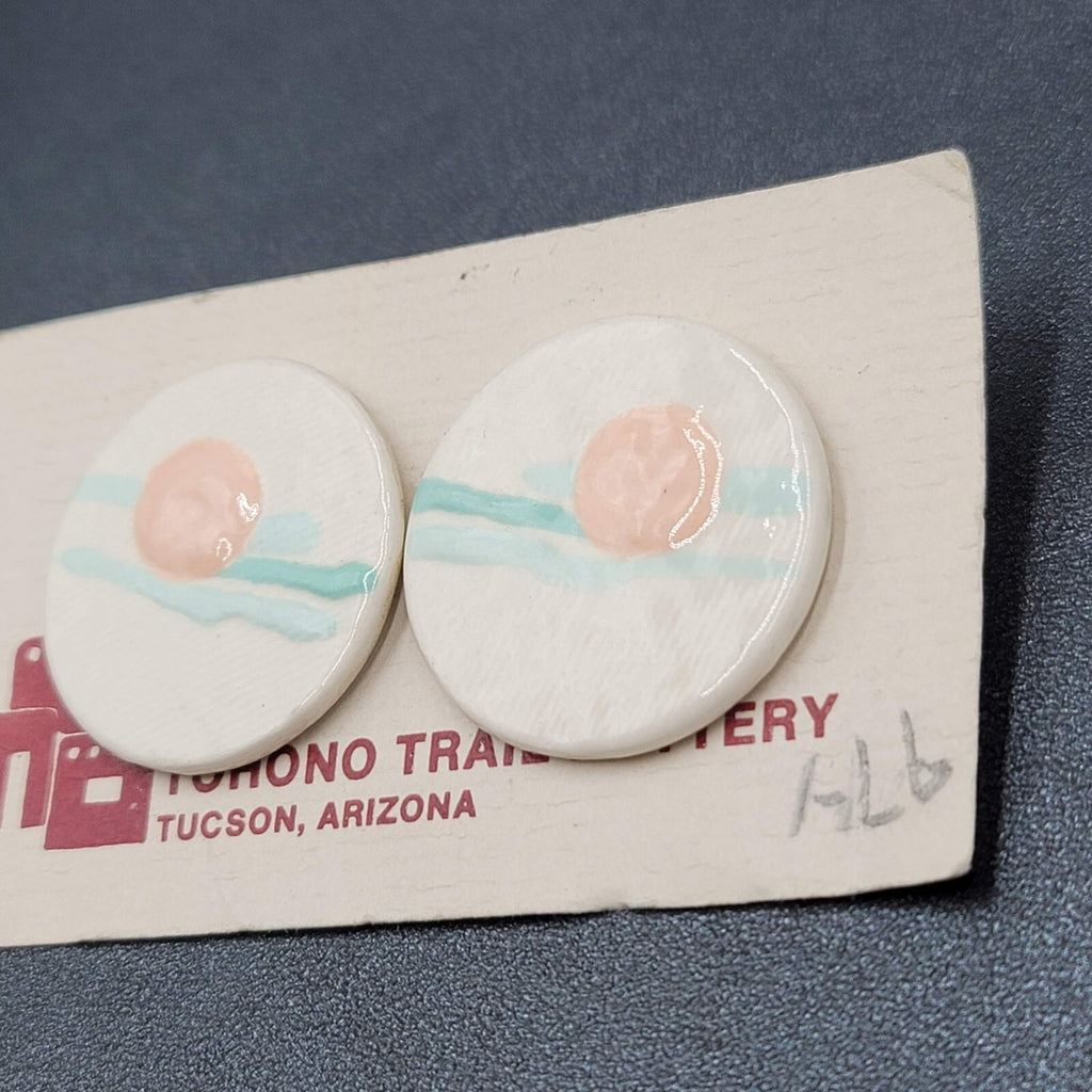Vintage Tohono Trail Pottery Pierced Earrings White Peach Teal Discs 1.25"