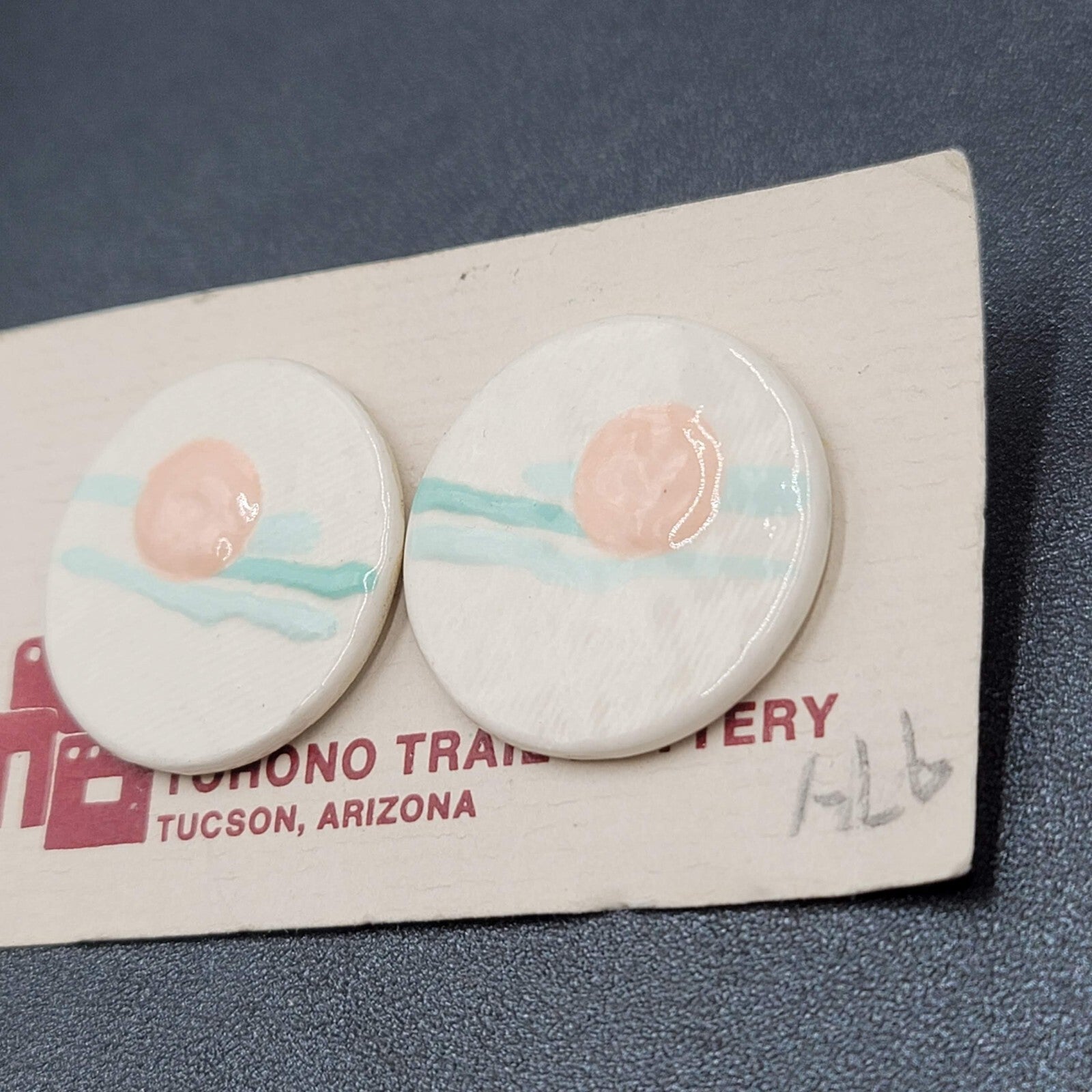 Vintage Tohono Trail Pottery Pierced Earrings White Peach Teal Discs 1.25"