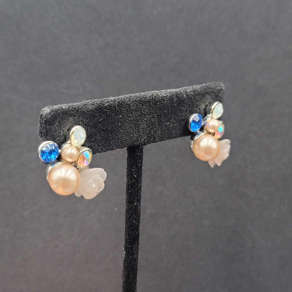 Pierced Earrings Multicolor Bead Rose Cluster Drop Gold tone 1"