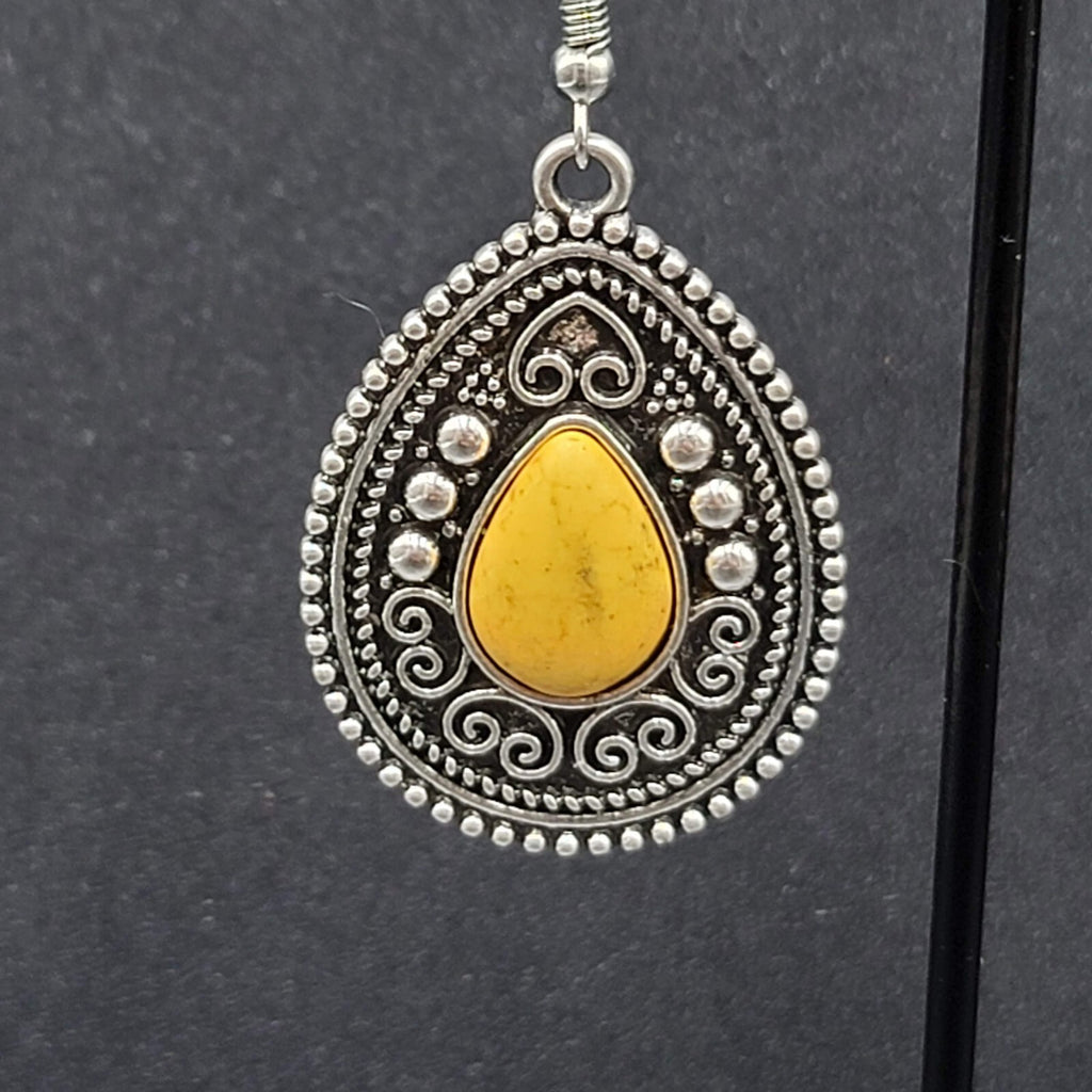 Boho Pierced Earrings Silver tone Yellow Black Center Dangle 1.5"