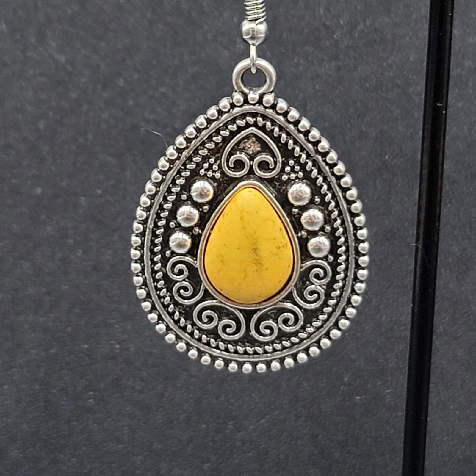 Boho Pierced Earrings Silver tone Yellow Black Center Dangle 1.5"