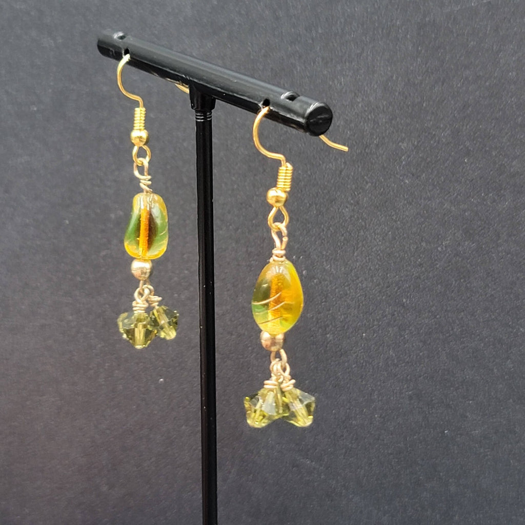 Pierced Earrings Gold tone Art Glass and Green Crystal Beads 1.25"