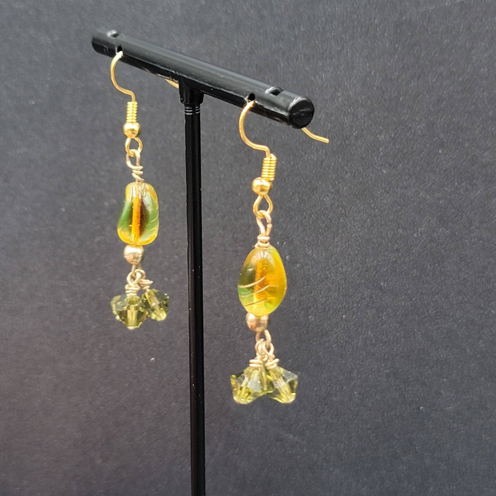 Pierced Earrings Gold tone Art Glass and Green Crystal Beads 1.25"