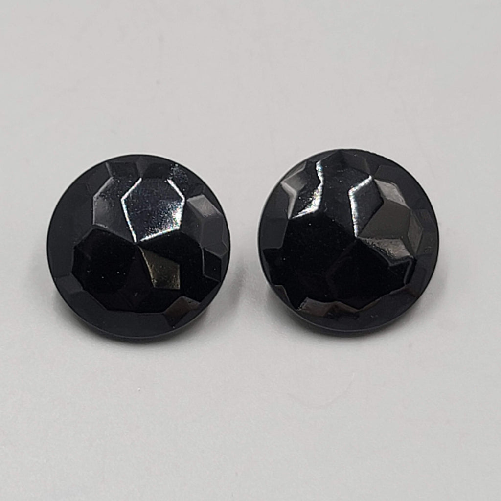 Vintage Faceted Black Glass Round Clip on Earrings 3/4"