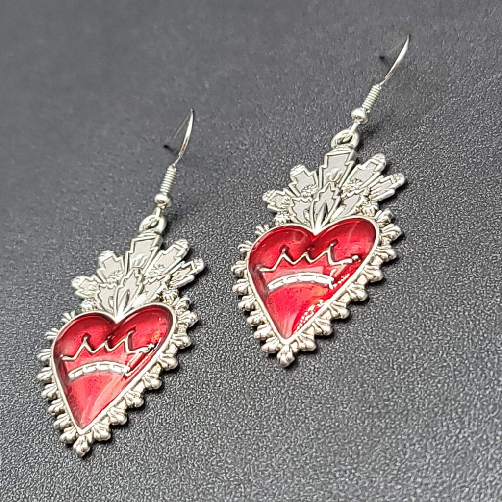 New Crown Heart Pierced Earrings Silver tone Red Goth Rock Dangle 1.75"