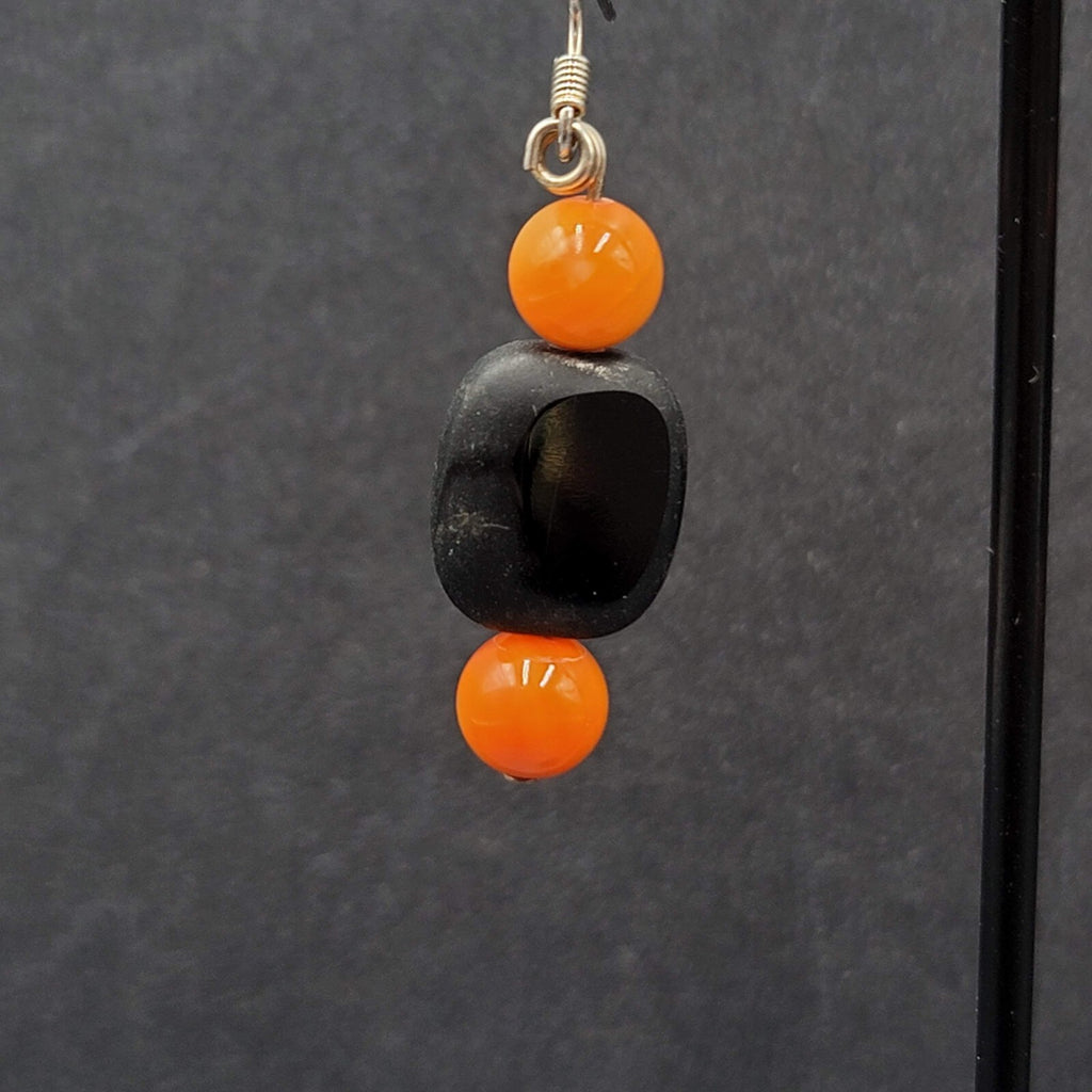 Halloween Pierced Earrings Black Orange Glass Bead Dangle 1.25"