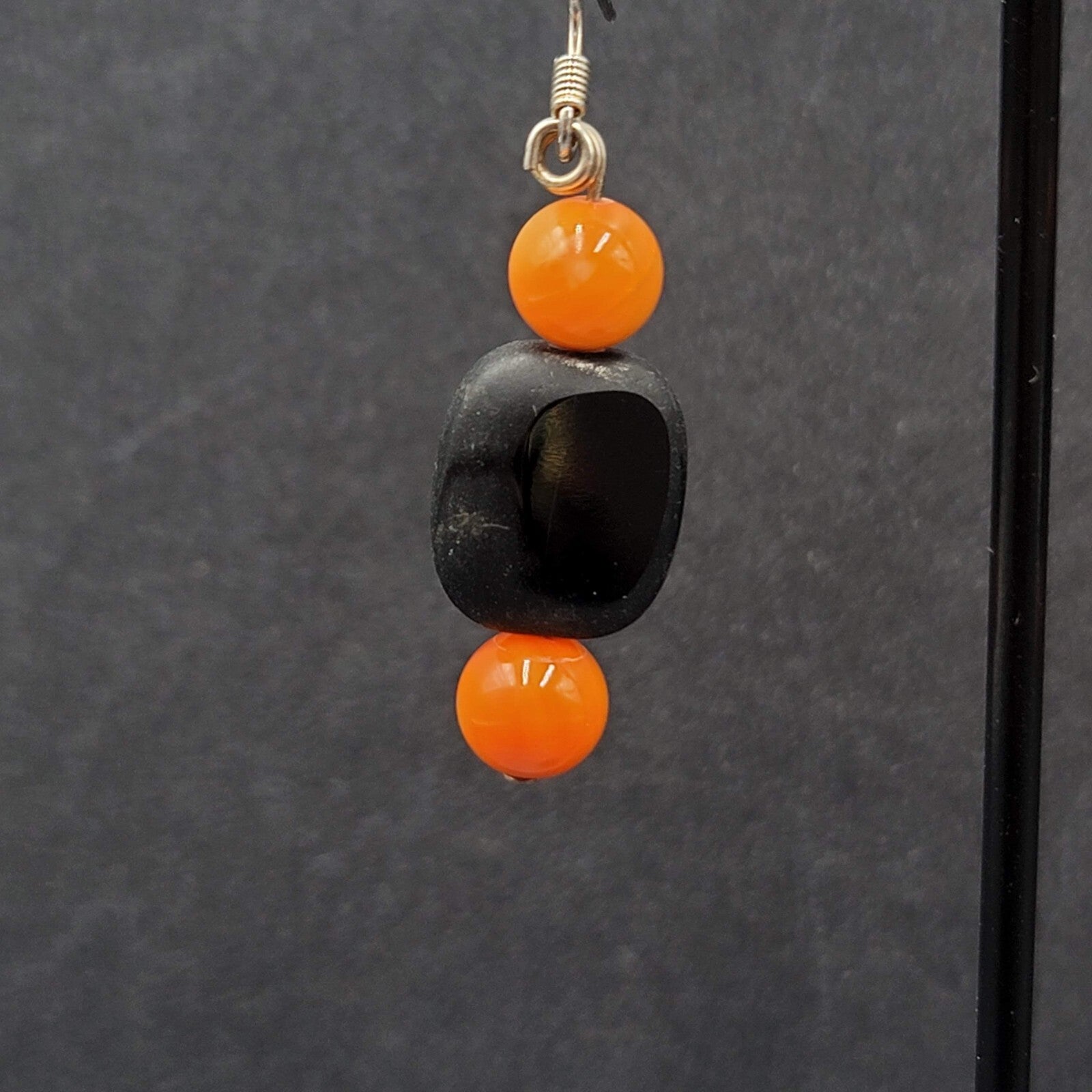 Halloween Pierced Earrings Black Orange Glass Bead Dangle 1.25"