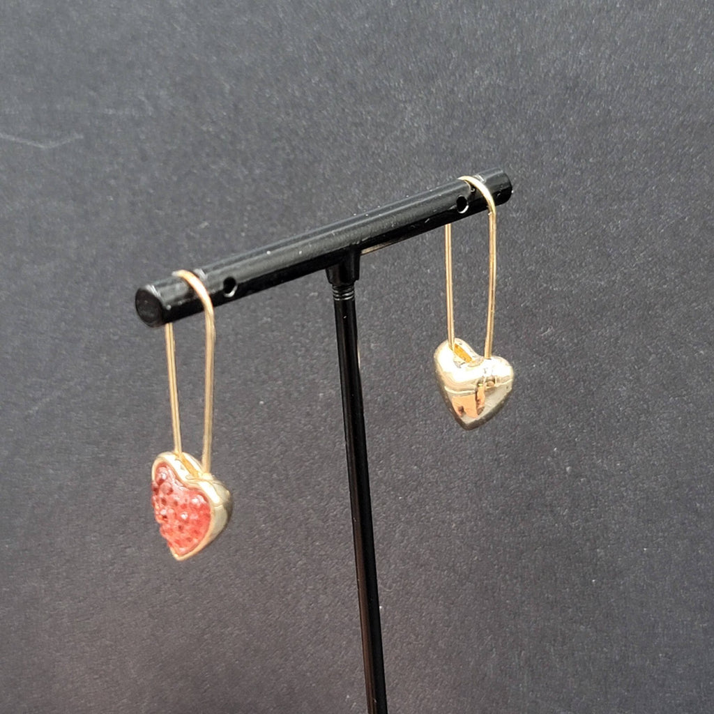 Pierced Earrings Gold Plated Pink Heart Dangle Loops 1 3/8"