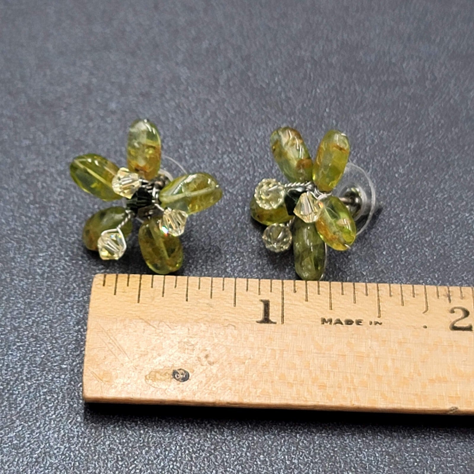 Pierced Earrings Green Stone Artisan Made Flower Studs 3/4"